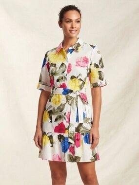 Calvin Klein White Floral Tie-Waist Dress with Yellow, Blue and Pink Blooms